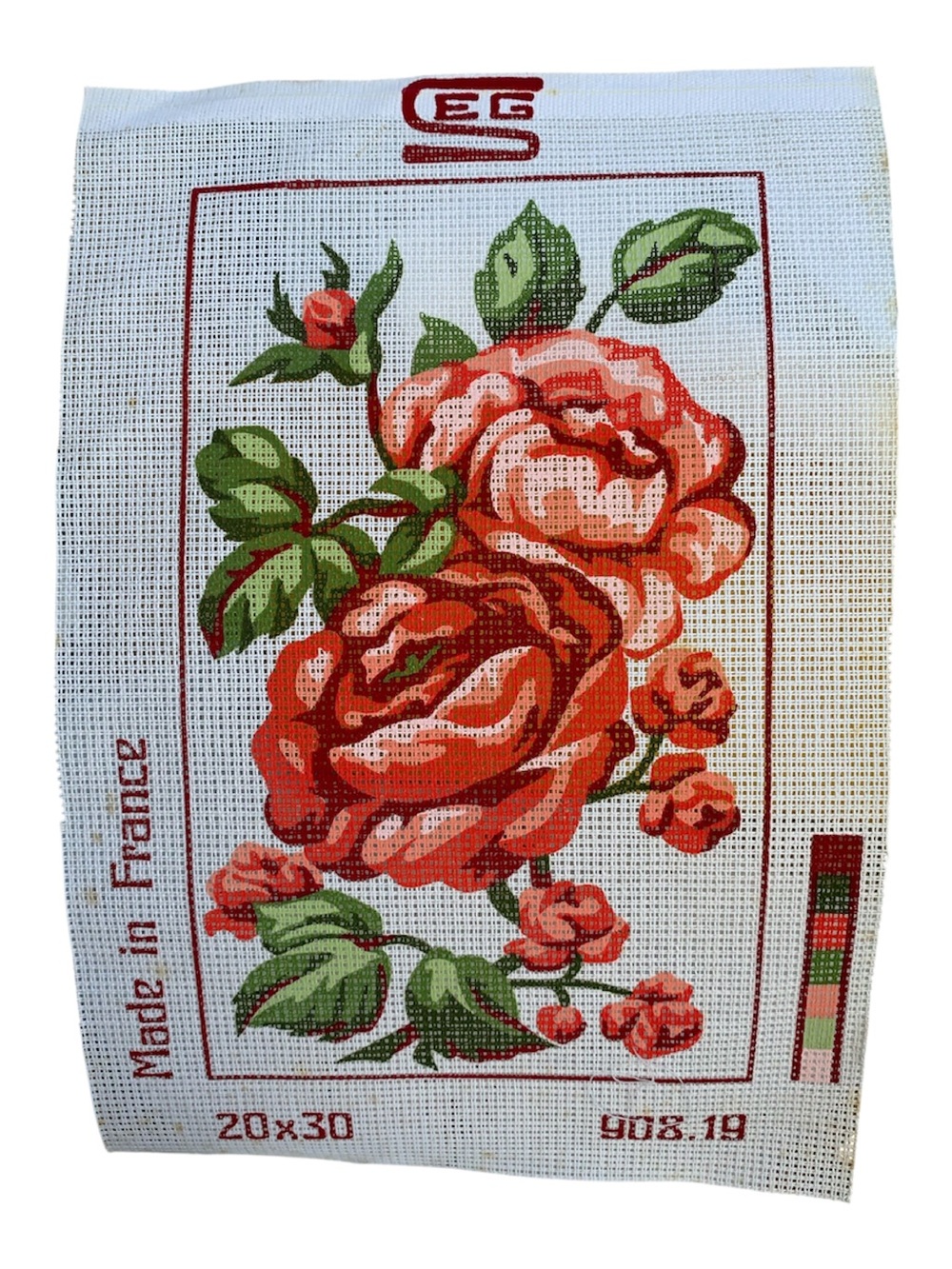 Vintage-Style Rose Needlepoint Canvas by Seg in Coral and Green